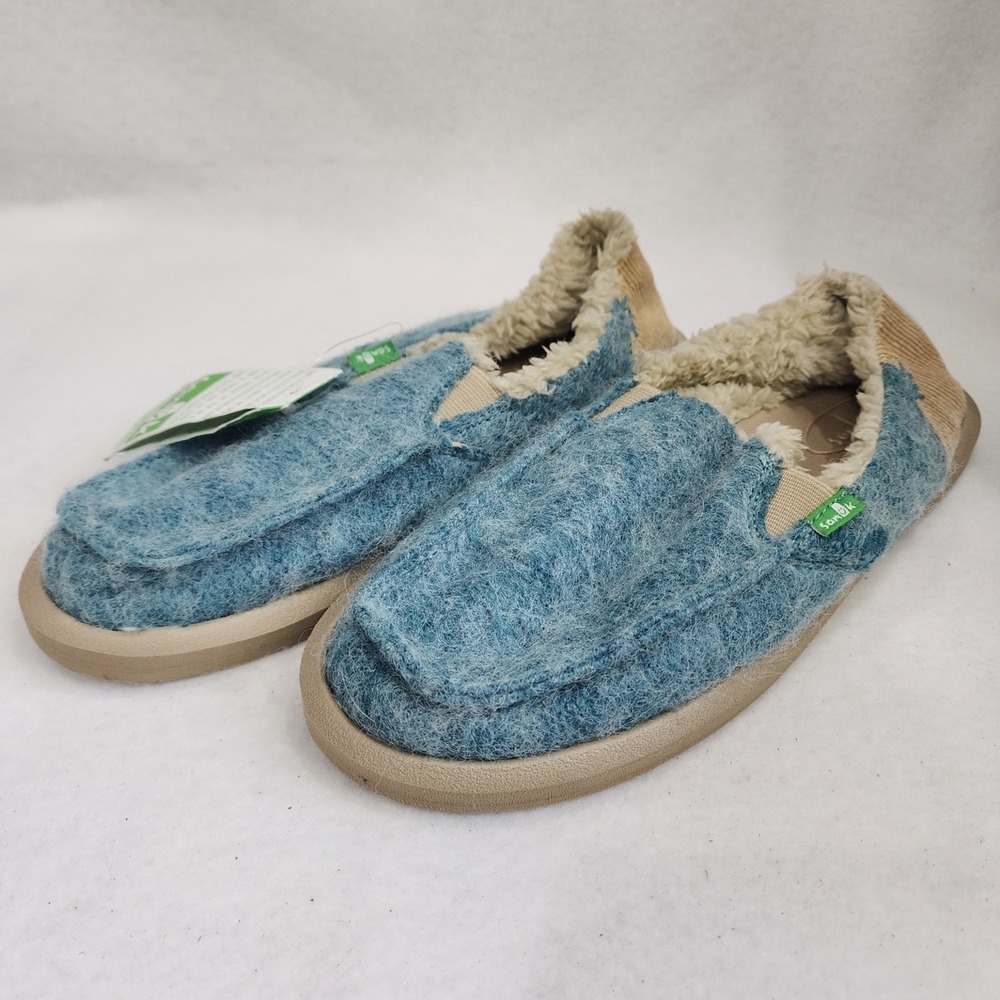 Sanuk Kimbrrr SWF10439 Womens US 7 Slippers Blue Faux Fur Slip On Moccasin Shoes